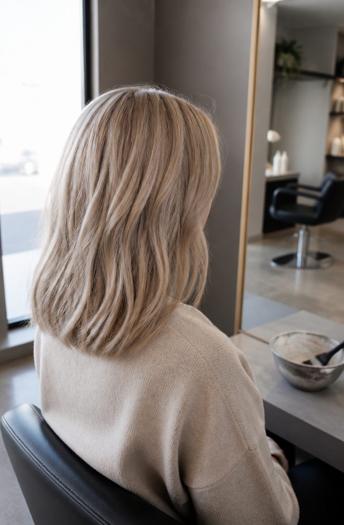 Woman with shoulder-length neutral beige blonde hair and pink-neutral skin