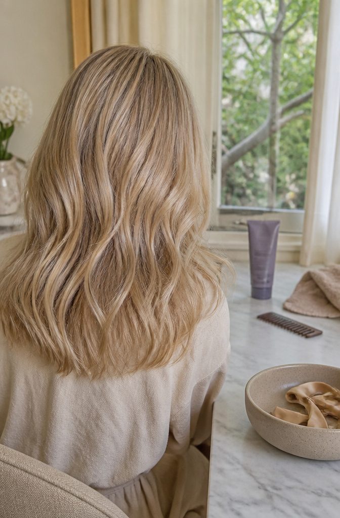 Creamy beige blonde hair with muted warmth and subtle ash tones