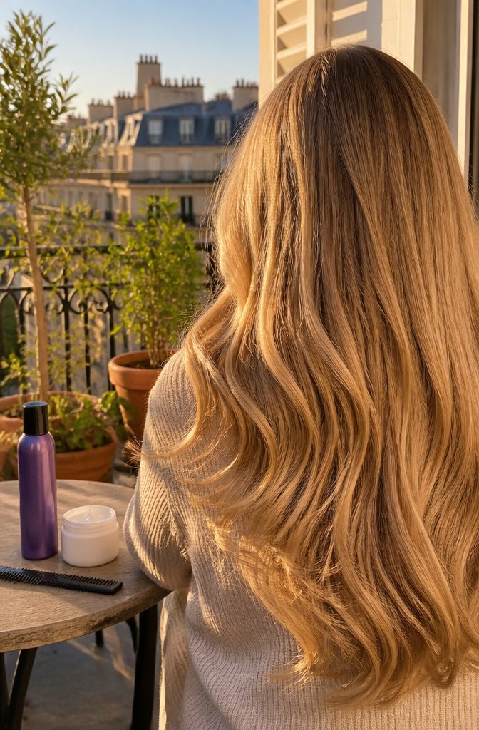 Long glossy beige blonde hair with golden face-framing pieces and soft waves