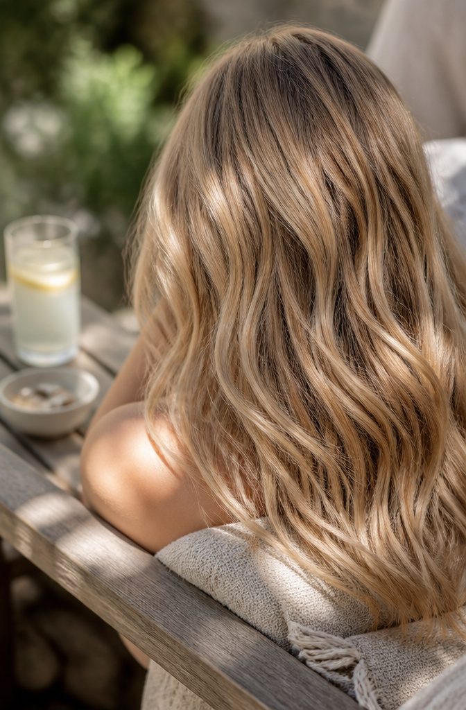 Warm beige blonde hair with honey and golden tones