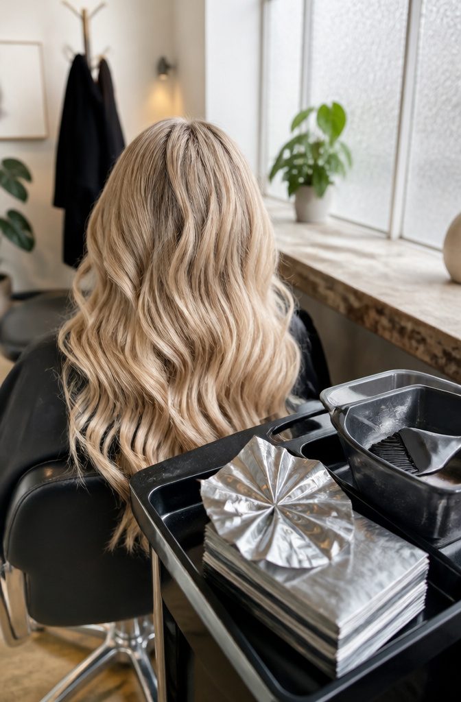 Long lightly waved hair in bright ivory beige blonde with a cool cast