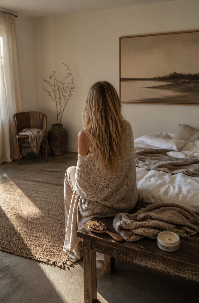 Lived-in beige blonde hair with a soft natural root and loose waves