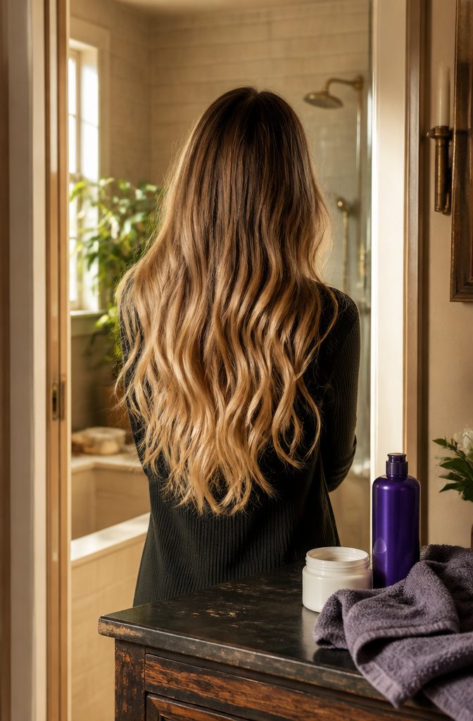Beige blonde balayage with shadow roots lighter ends and loose waves