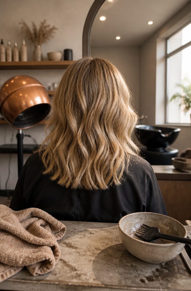 Shoulder-length beige blonde hair with honeyed tones and subtle bends