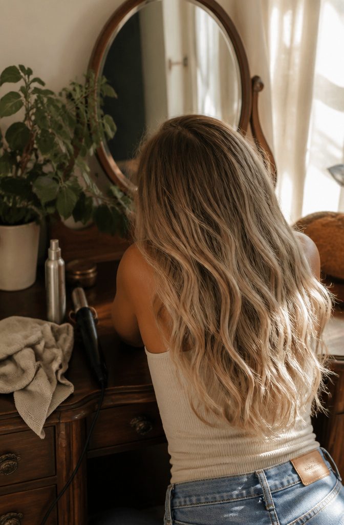 Long beige blonde hair with a dark smoky root and soft waves