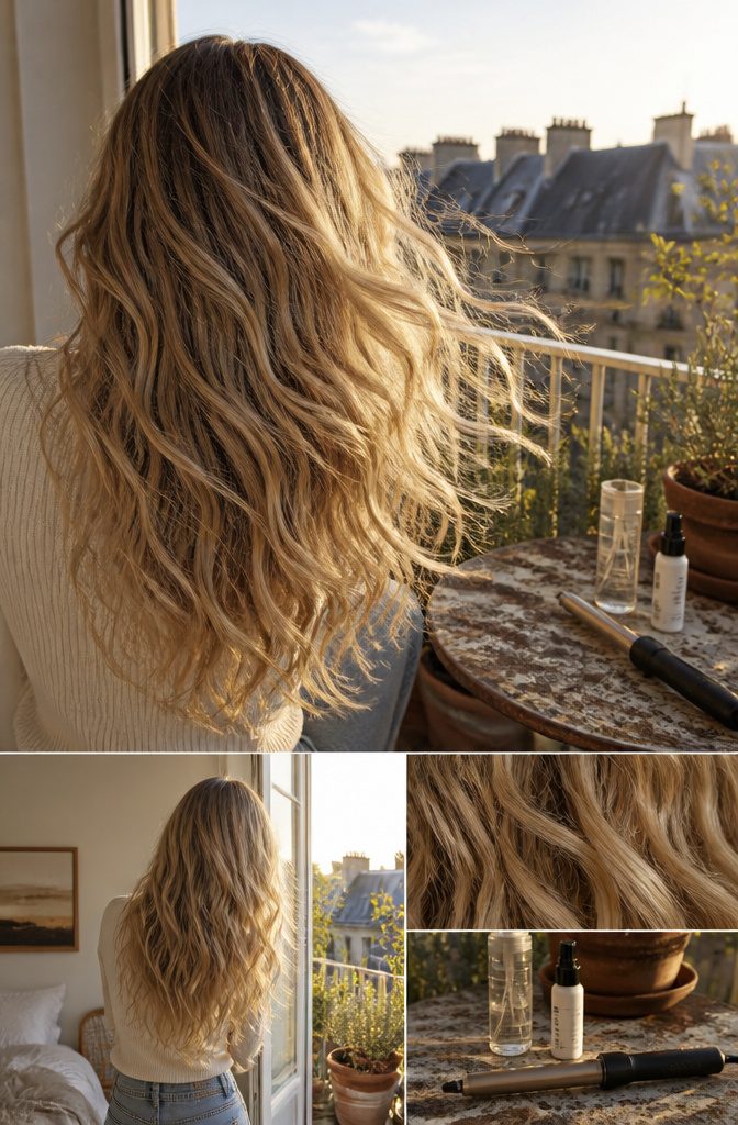 Softly waved beige blonde hair with toasted and golden balayage tones