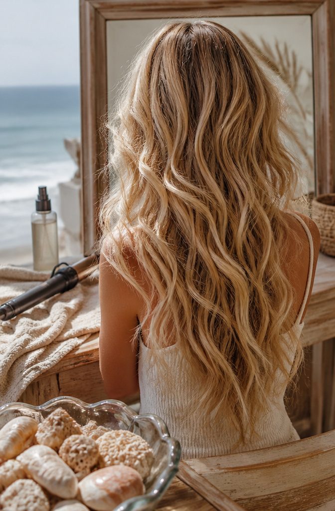 Warm beige blonde hair in loose tousled waves with sandy and golden tones