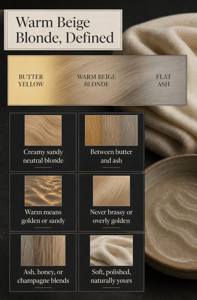 Warm Beige Blonde Defined graphic with creamy sandy ash and golden color swatches