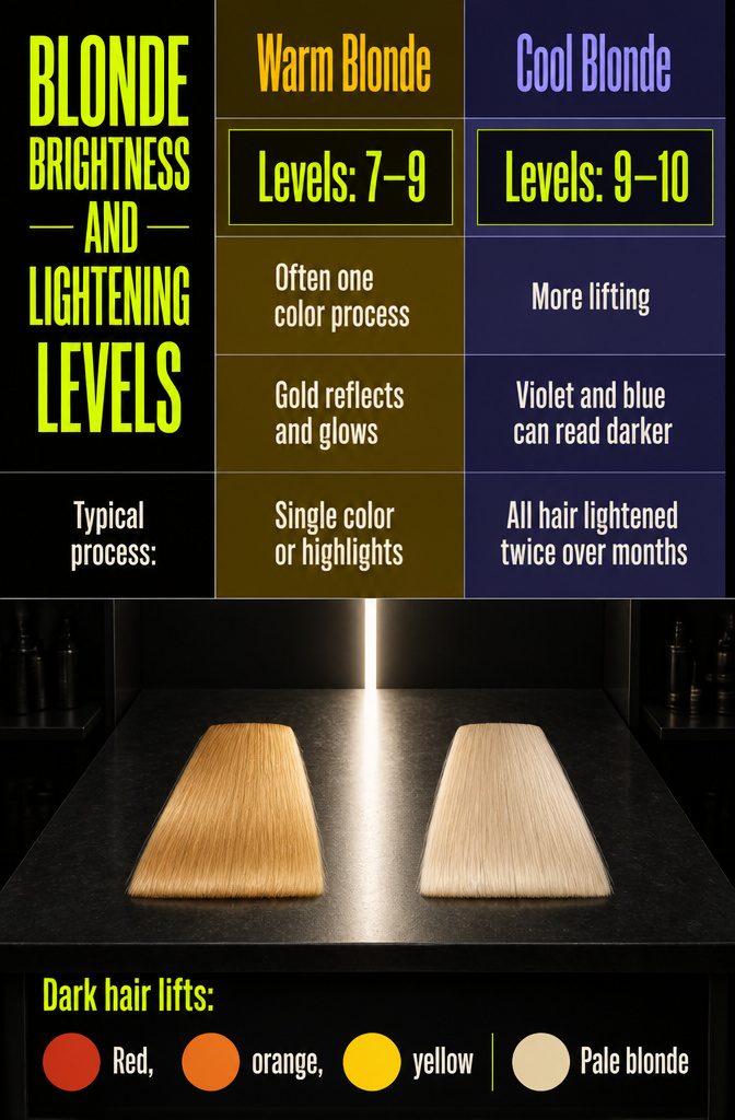 Blonde shade chart showing brightness levels and lightening stages