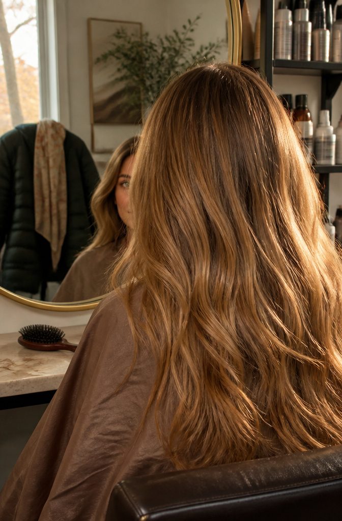 Client with honey caramel hair and hazel green eyes facing a mirror
