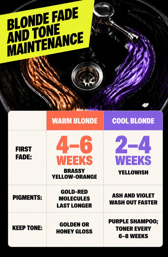 Warm and cool blonde hair samples showing different fading tones