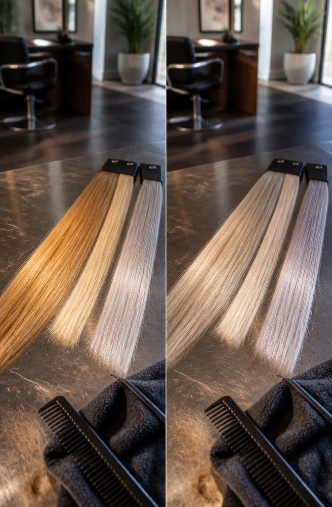 Warm golden blonde beside cool icy blonde in a close hair comparison