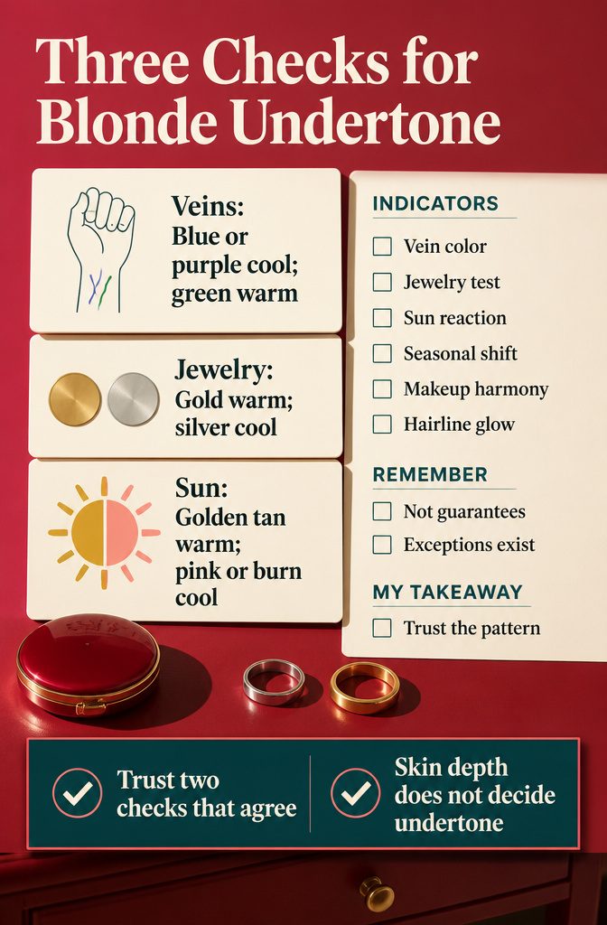 Wrist veins gold jewelry silver jewelry and sun exposed skin for undertone checks