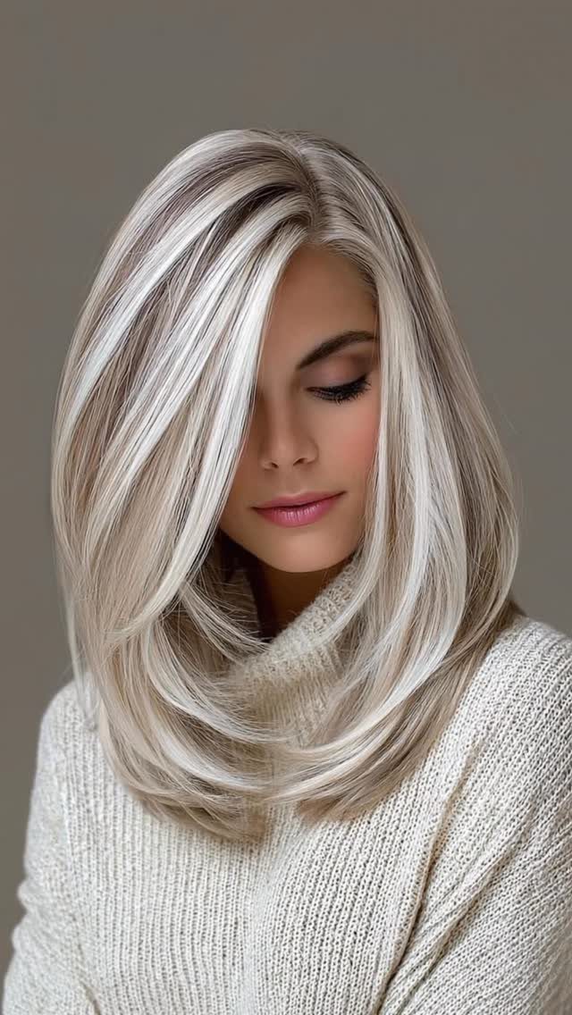 Woman with long layered icy white-blonde hair framing her face