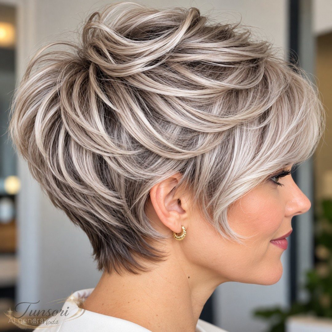 Woman with textured platinum pixie waves and a tapered nape